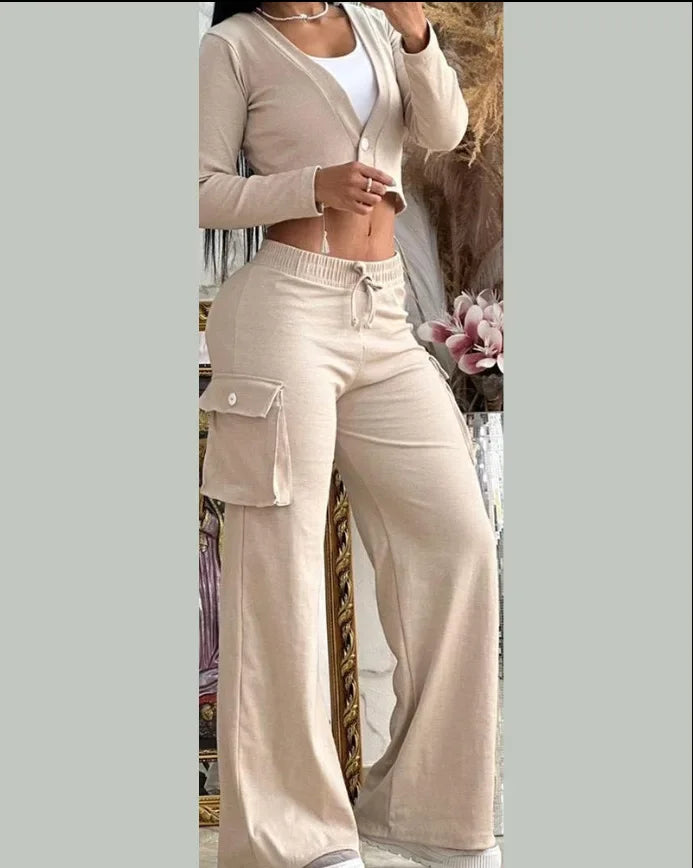 Two Piece Women Elegant Autumn Cardigan Long Sleeve Coats Drawstring Pants