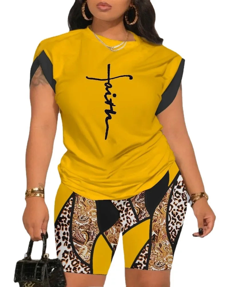 Two Piece Short Sets Print Letter Round  Neck T Shirts High Waist Pants
