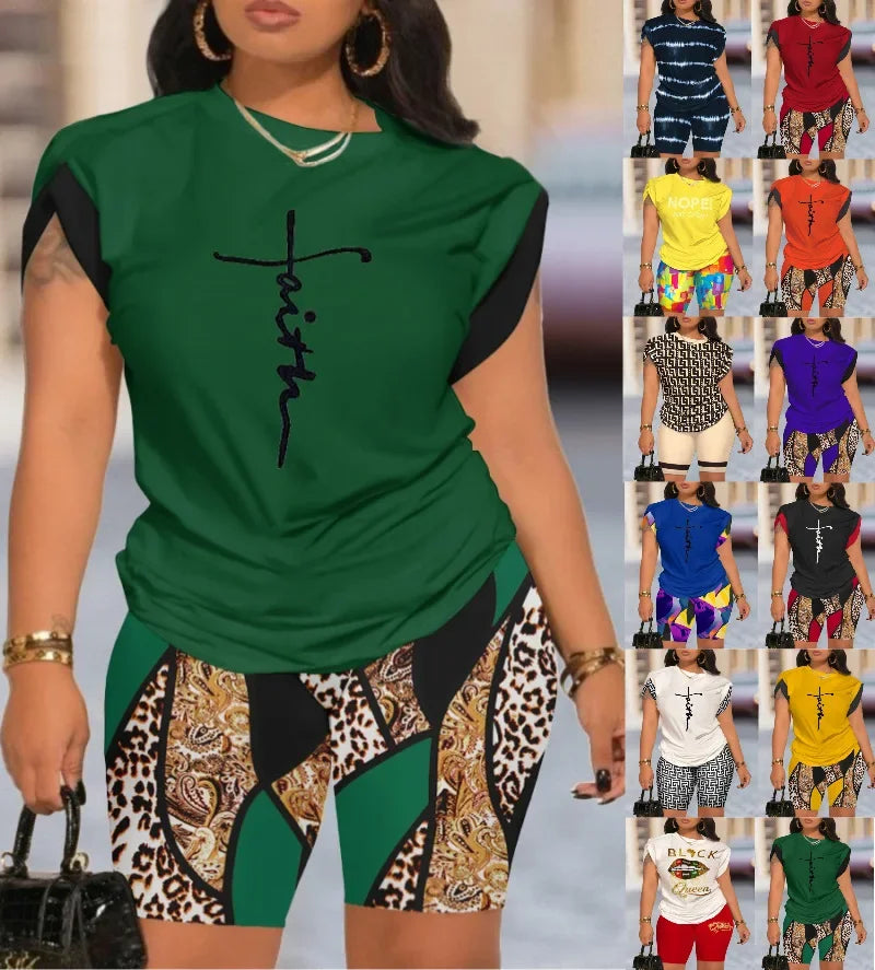 Two Piece Short Sets Print Letter Round  Neck T Shirts High Waist Pants