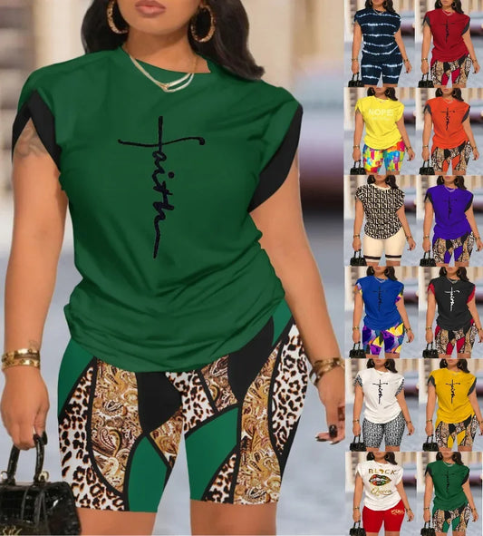 Two Piece Short Sets Print Letter Round  Neck T Shirts High Waist Pants