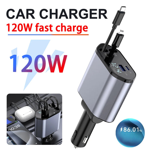 4 in 1 Retractable Car Charger for iPhone, Samsung, Xiaomi